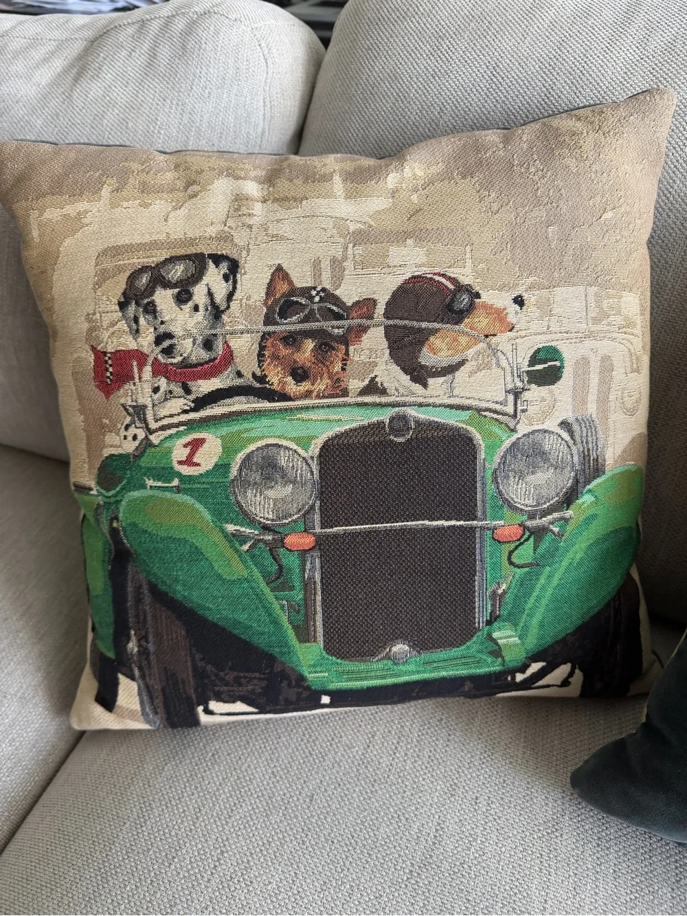 Vintage Hines of Oxford racing dogs in green car Tapestry cushion